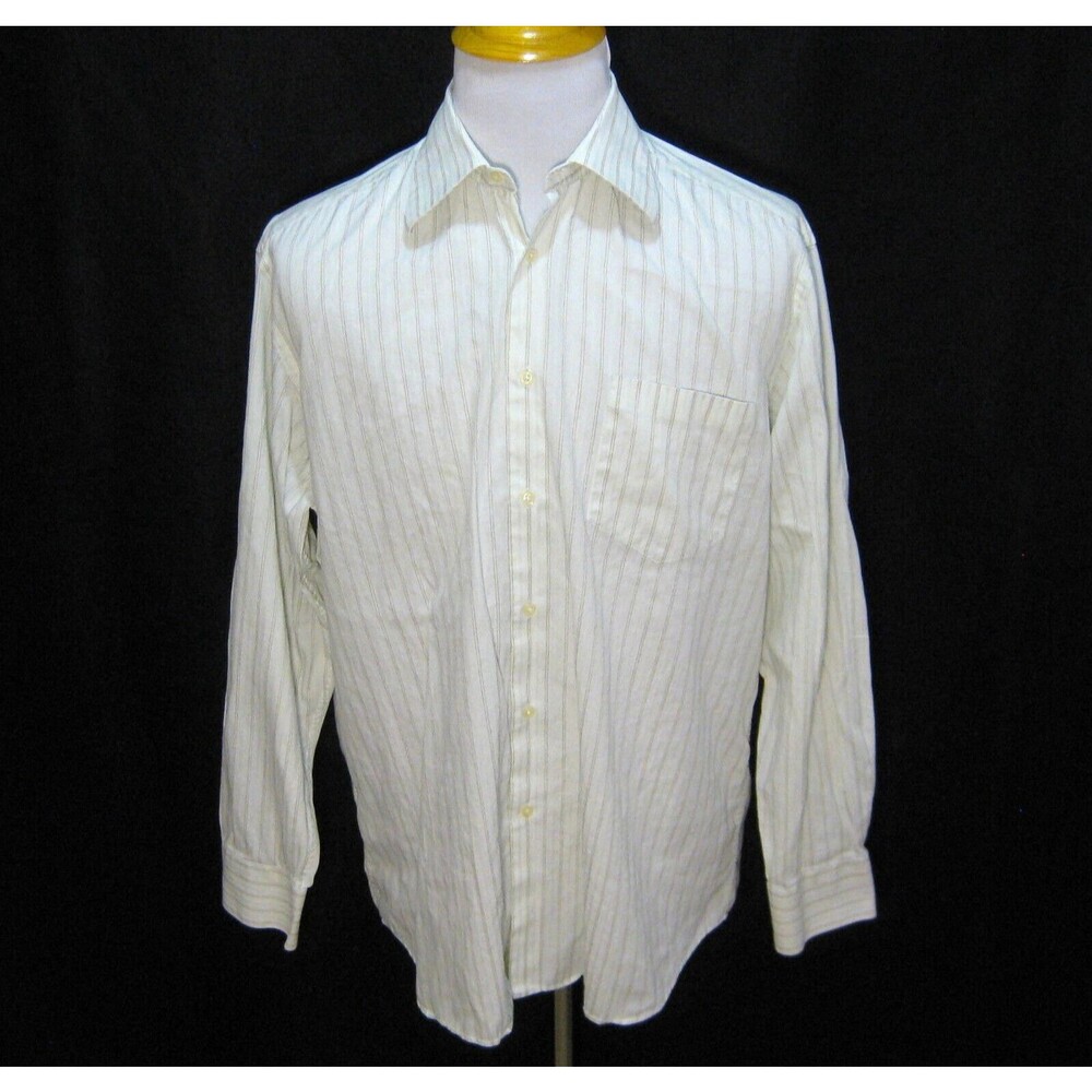 HUGO BOSS Men's (Size 17 34/35) Green Striped Long Sleeve Button Front Shirt Top